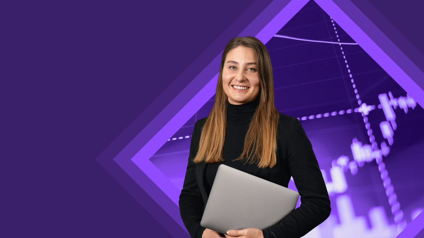 A woman with long hair smiles while holding a laptop, set against a purple background with graph lines.