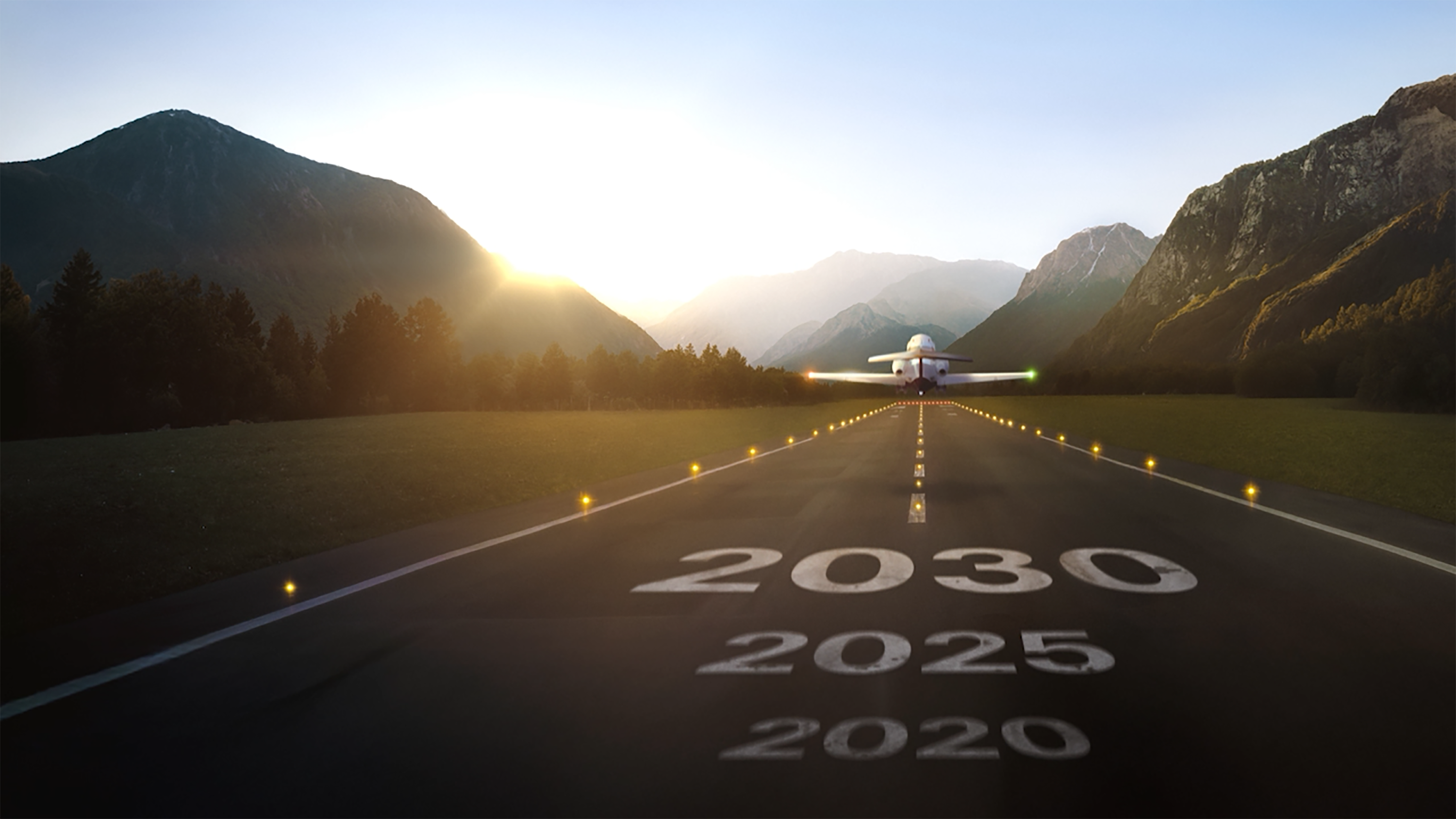 An airplane takes off from a runway marked with the years 2020, 2025, and 2030, surrounded by mountains and trees.