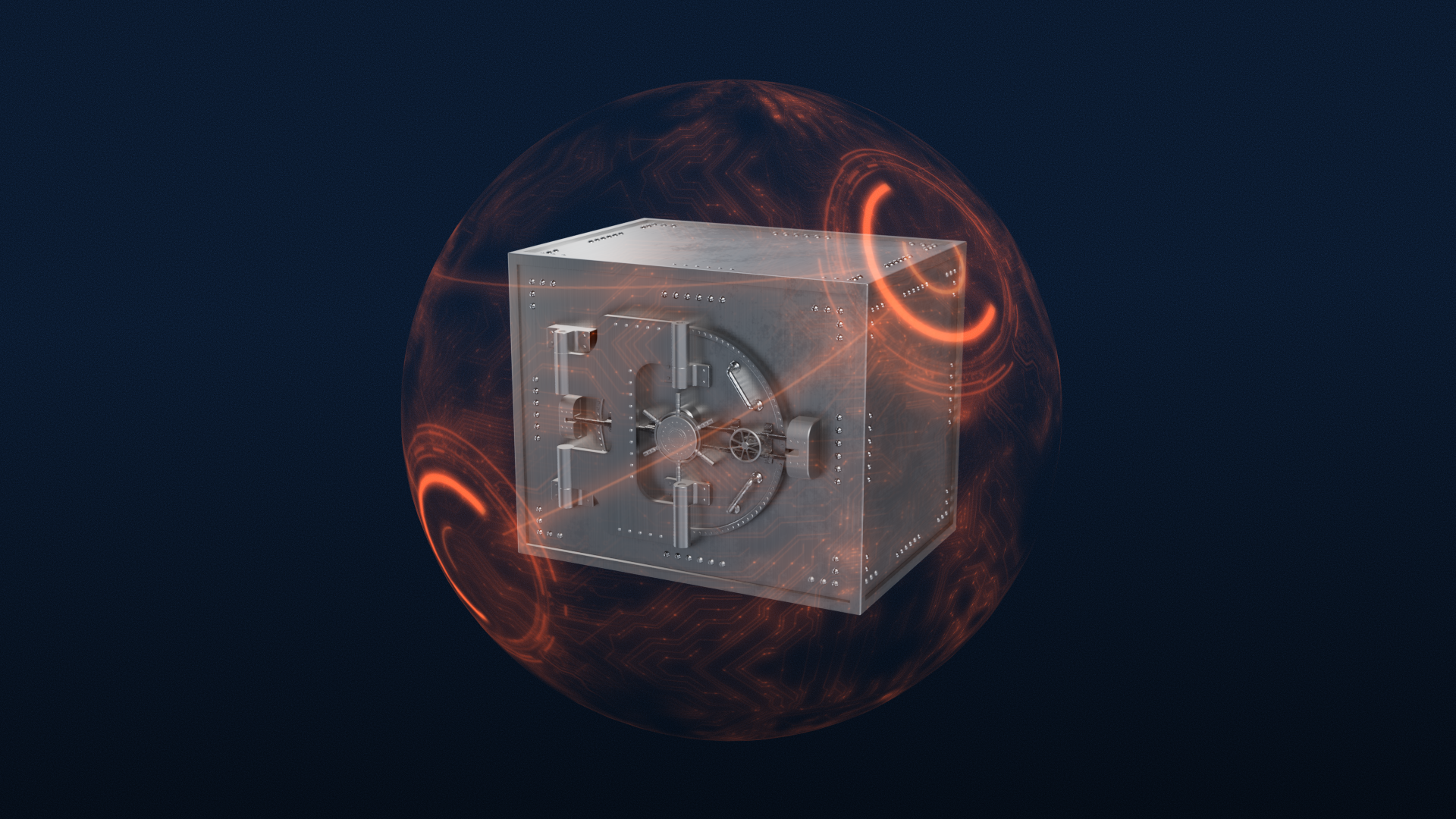 A metallic safe with a circular lock, surrounded by a digital sphere on a dark background.