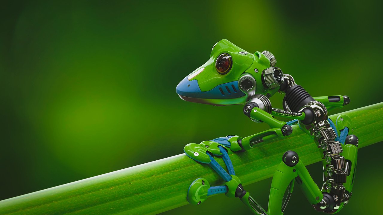 Robotic Frog Perched on a Green Stem A robotic frog with metallic features sits on a green bamboo stick against a blurred green background.