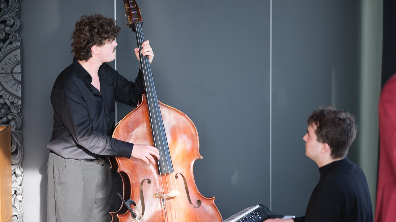 Two musicians perform together; one plays a double bass, the other plays a keyboard.
