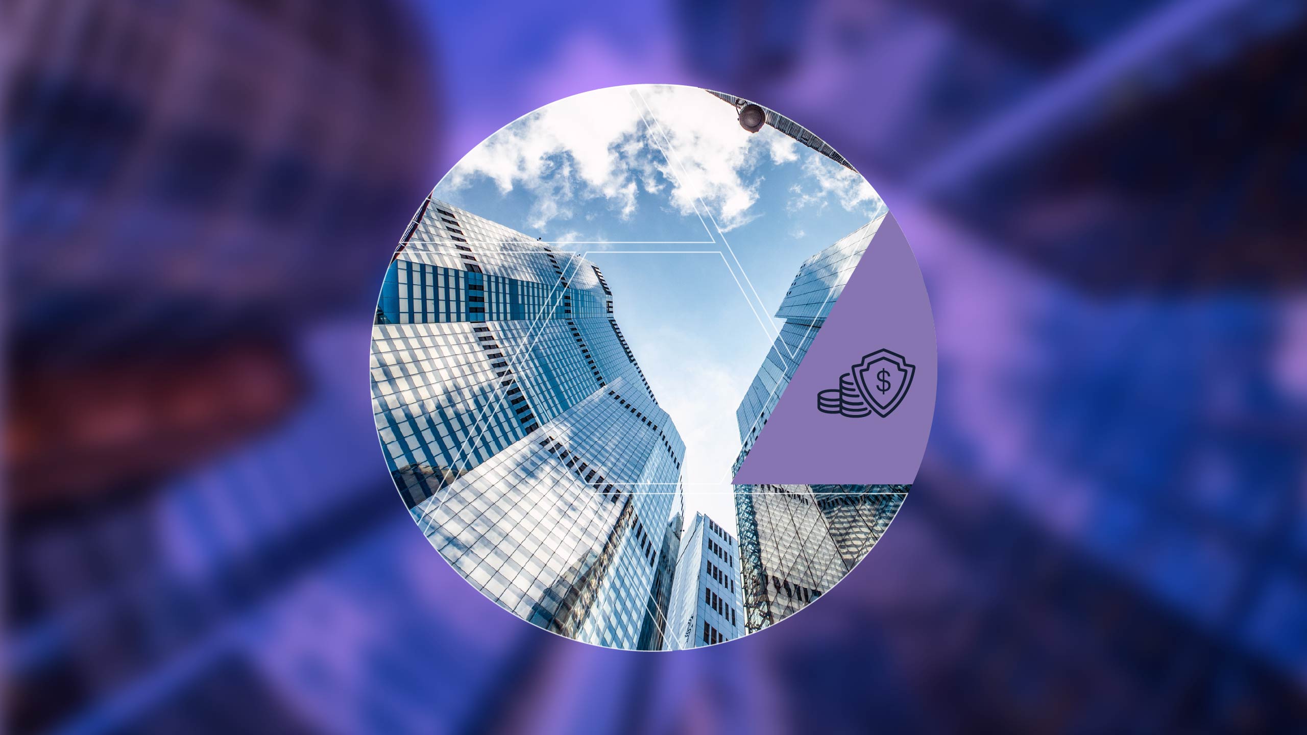 A circular view of tall glass buildings against a blue sky with clouds, overlaid with graphic elements.