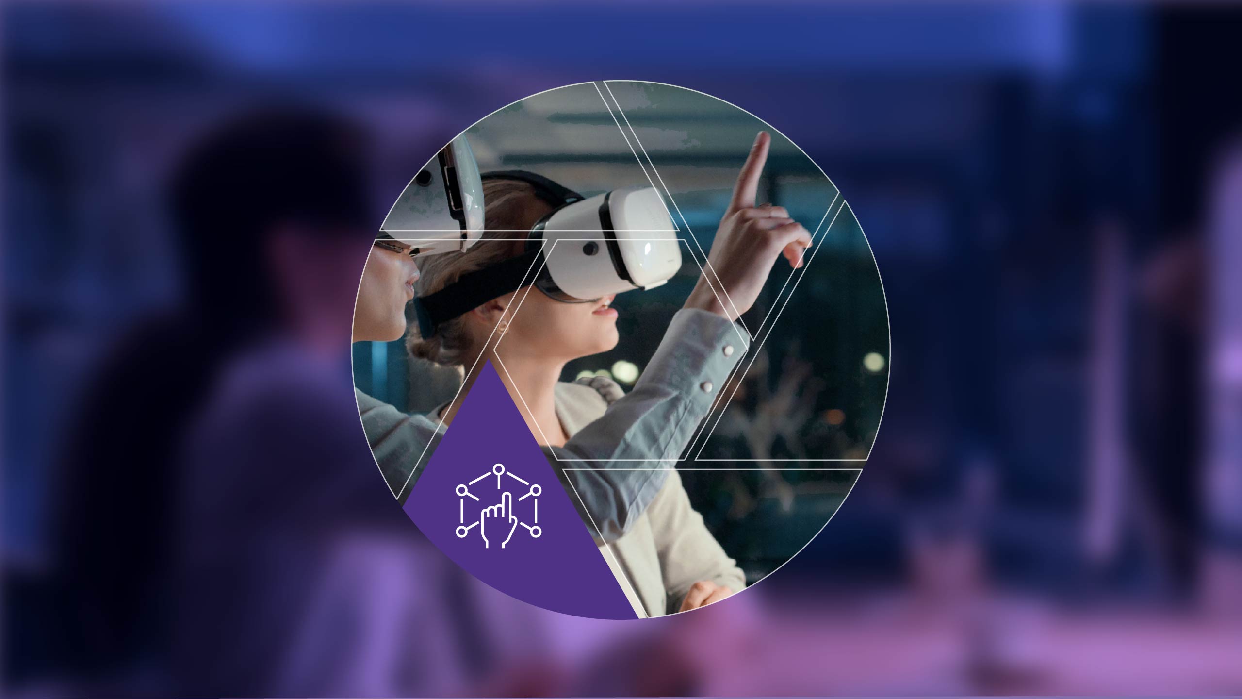 A person wearing a VR headset gestures with one hand in a dimly lit room.