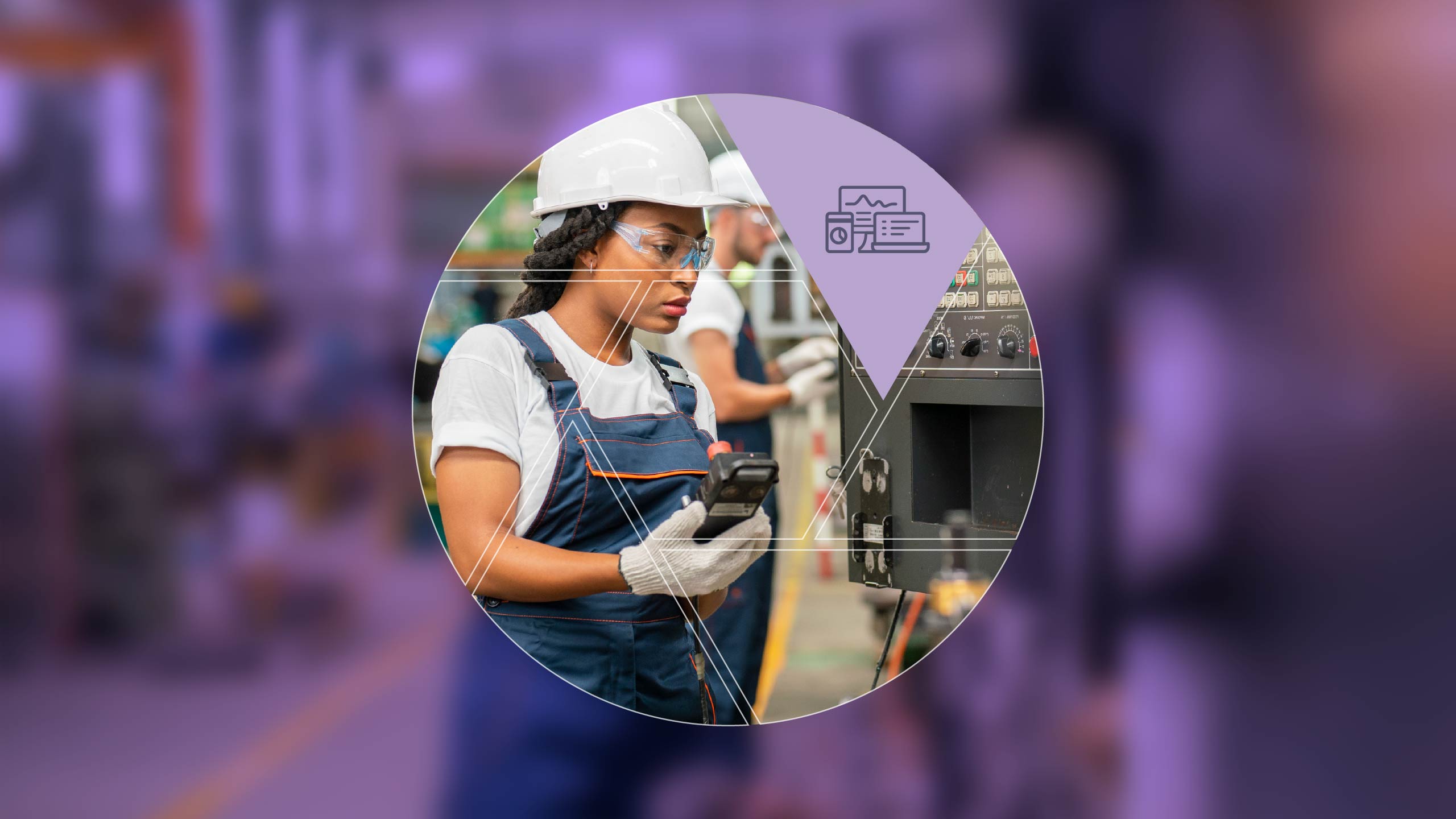 A worker in a hard hat and gloves uses a device near machinery in an industrial setting.