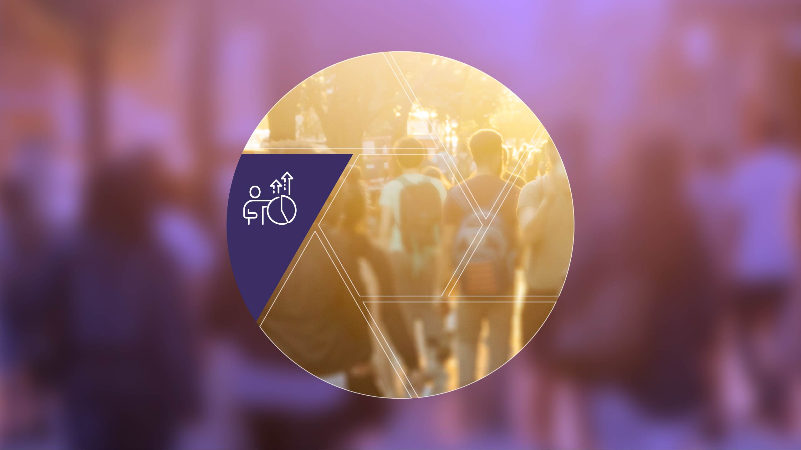 A blurred background of people walking, with a circular graphic overlay featuring icons and geometric shapes.