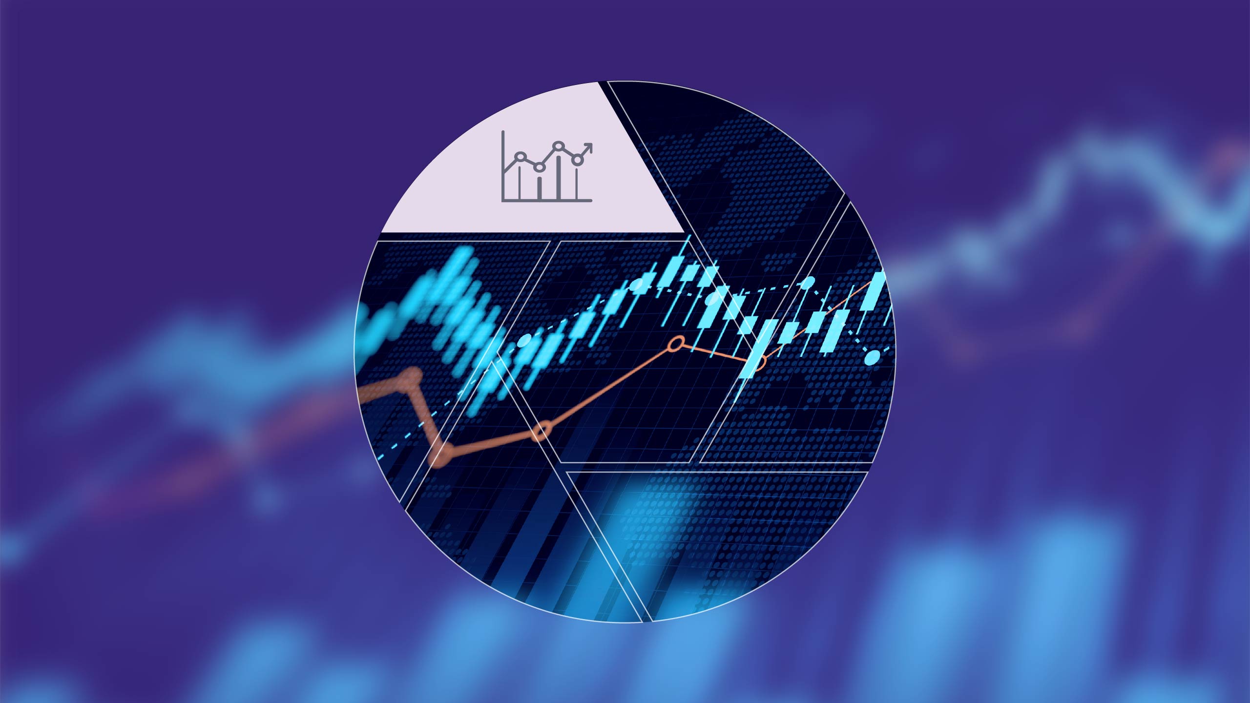 A circular graphic featuring financial charts and data visualizations on a purple background.