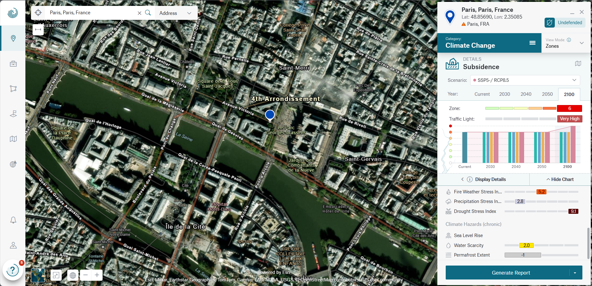 A satellite map of Paris showing the Seine River, streets, and climate change data on the right side.