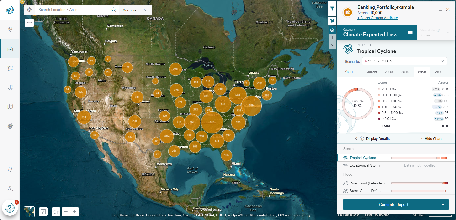 Map of the USA showing climate risk data with orange circles indicating asset loss estimates and a sidebar with details.