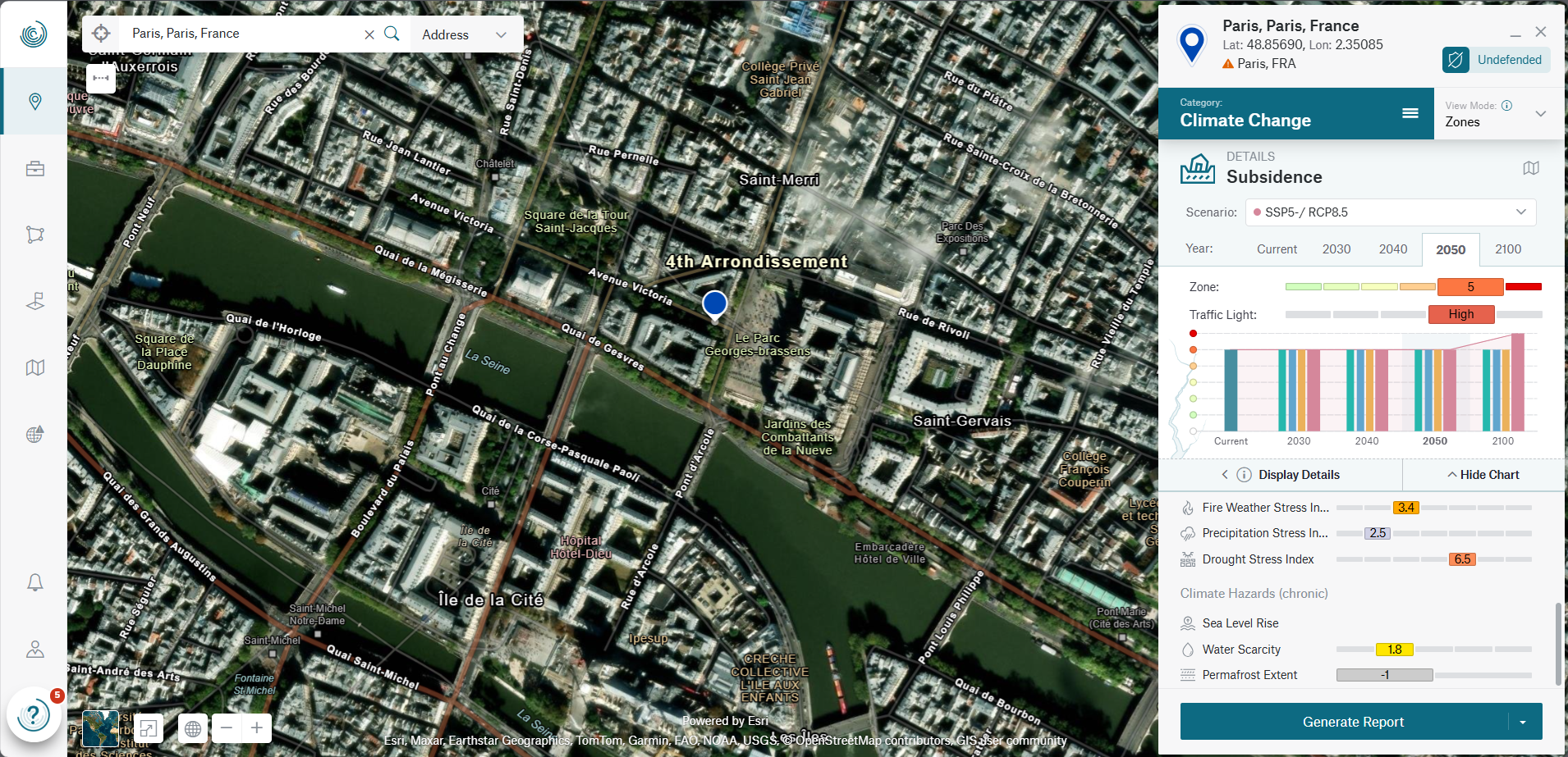 A satellite map of Paris showing the Seine River, streets, and climate change data on the right side.