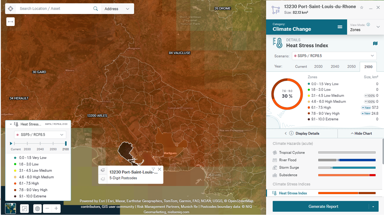 Map showing climate data for Port-Saint-Louis-du-Rhone, including heat stress index and risk zones.