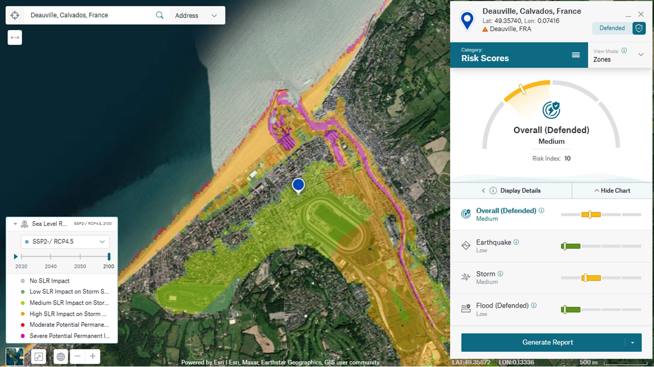 Map of Deauville, France, showing risk scores for natural disasters with color-coded zones and a risk index.
