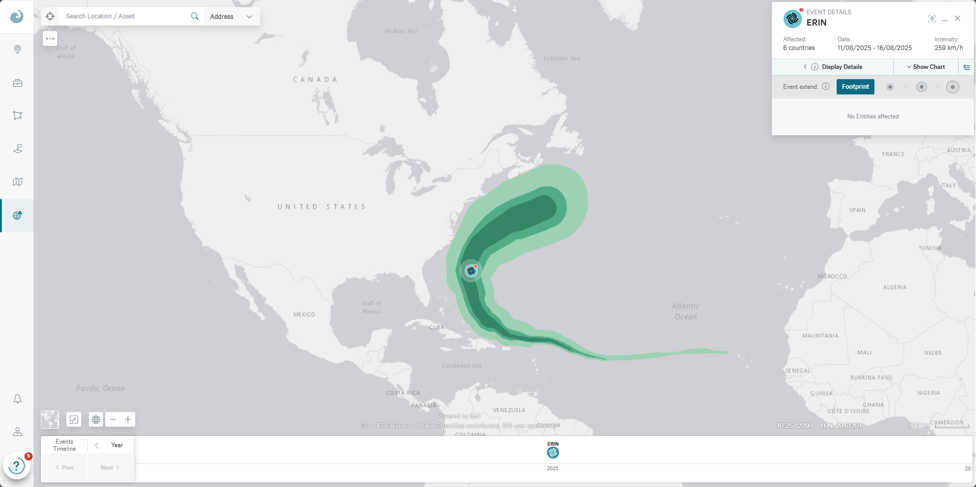 Map showing hurricane Erin's projected path and affected areas in the Atlantic Ocean, with event details displayed.