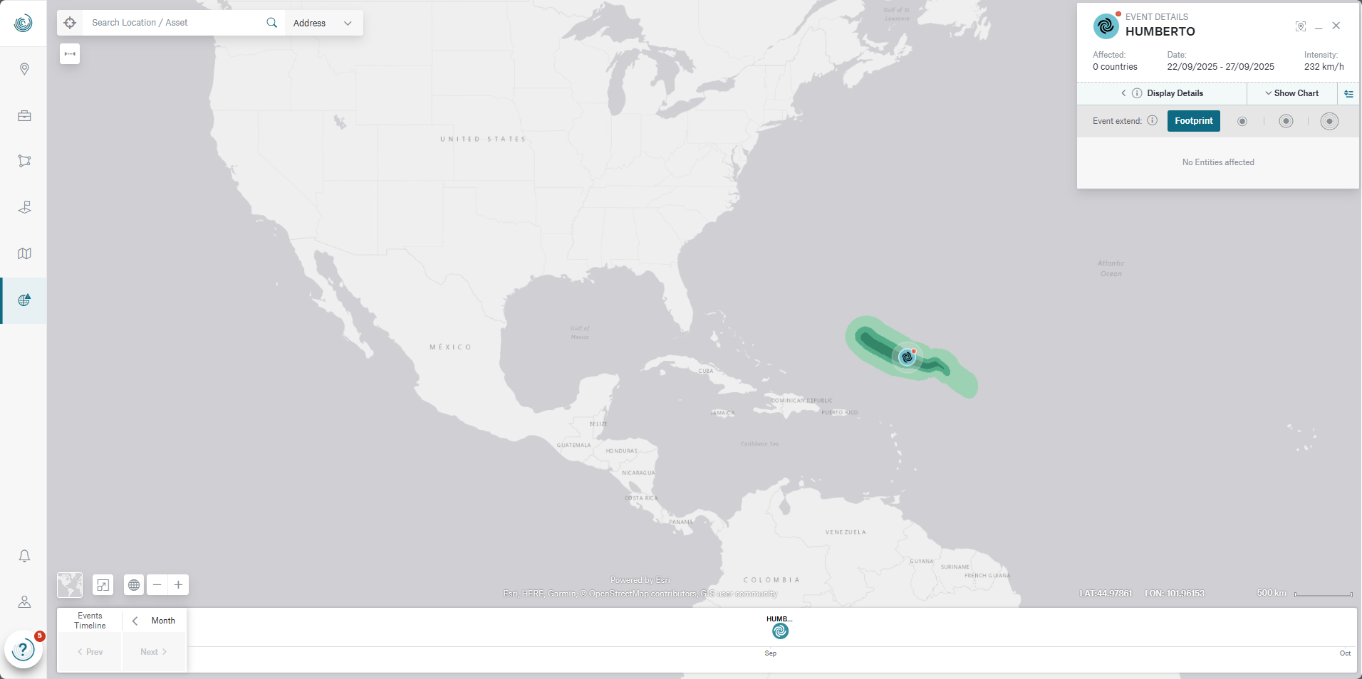 Map showing the Caribbean and parts of the US with a highlighted area indicating Hurricane Humberto's projected path.