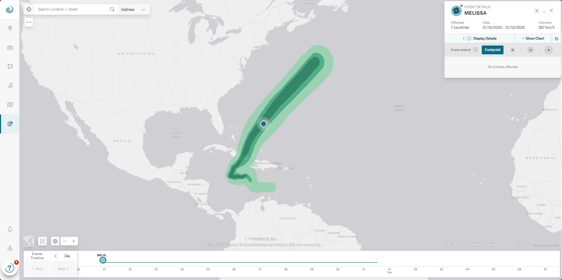 Map showing the projected path of Hurricane Melissa in the Caribbean and Atlantic Ocean with affected countries listed.