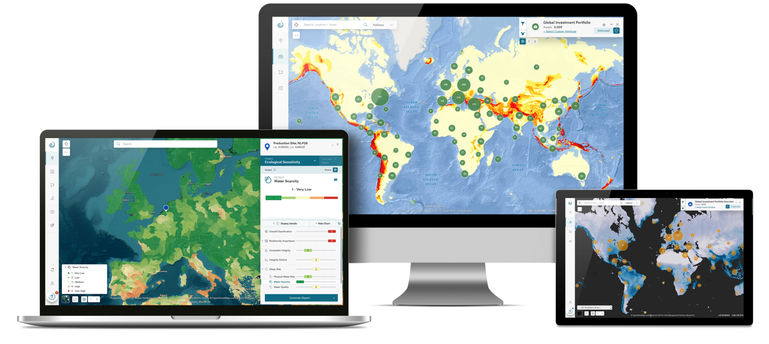 Three devices displaying interactive climate risk maps with data visualizations and hazard details.