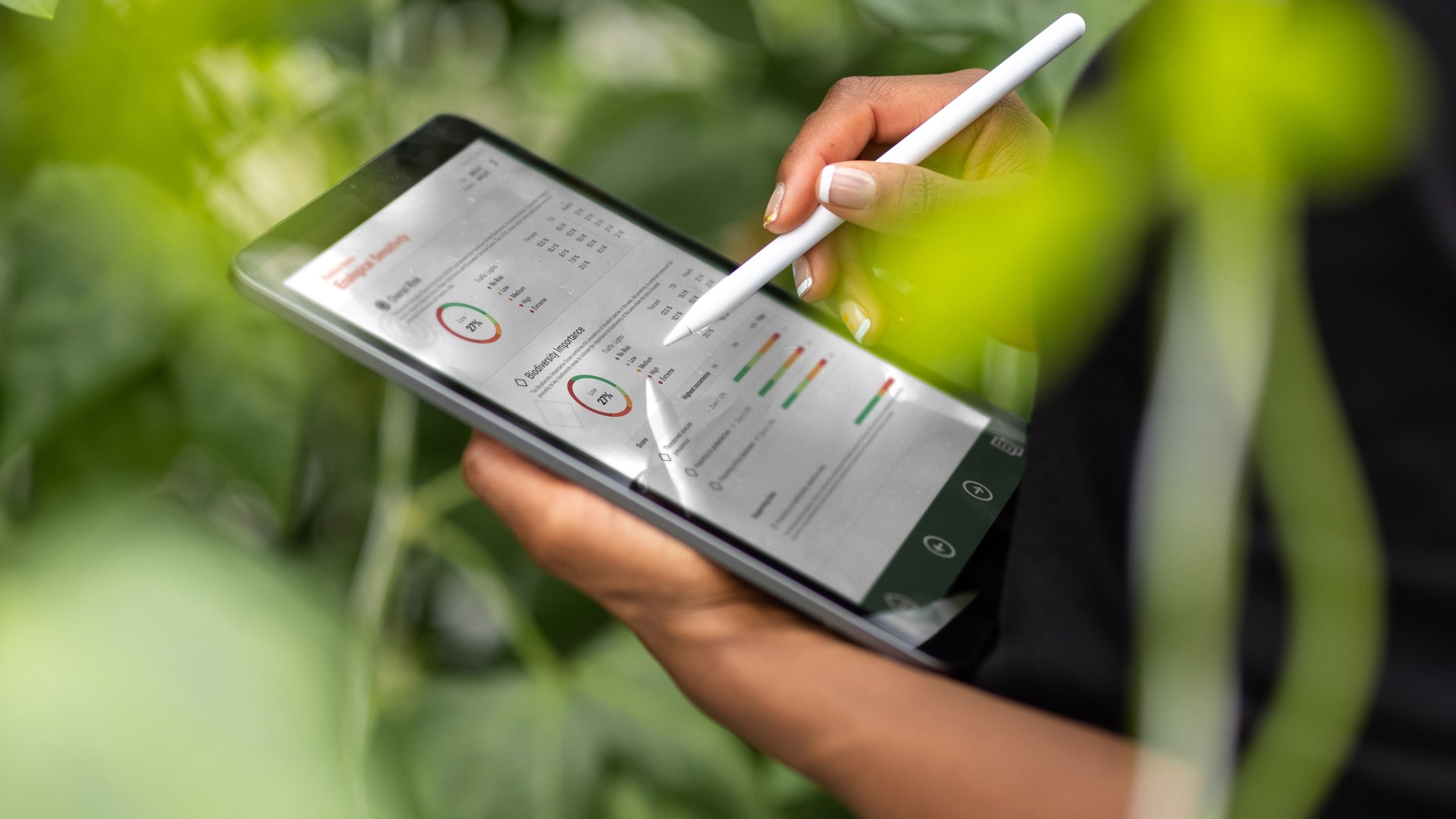 A person holds a tablet displaying data analytics, surrounded by green foliage.