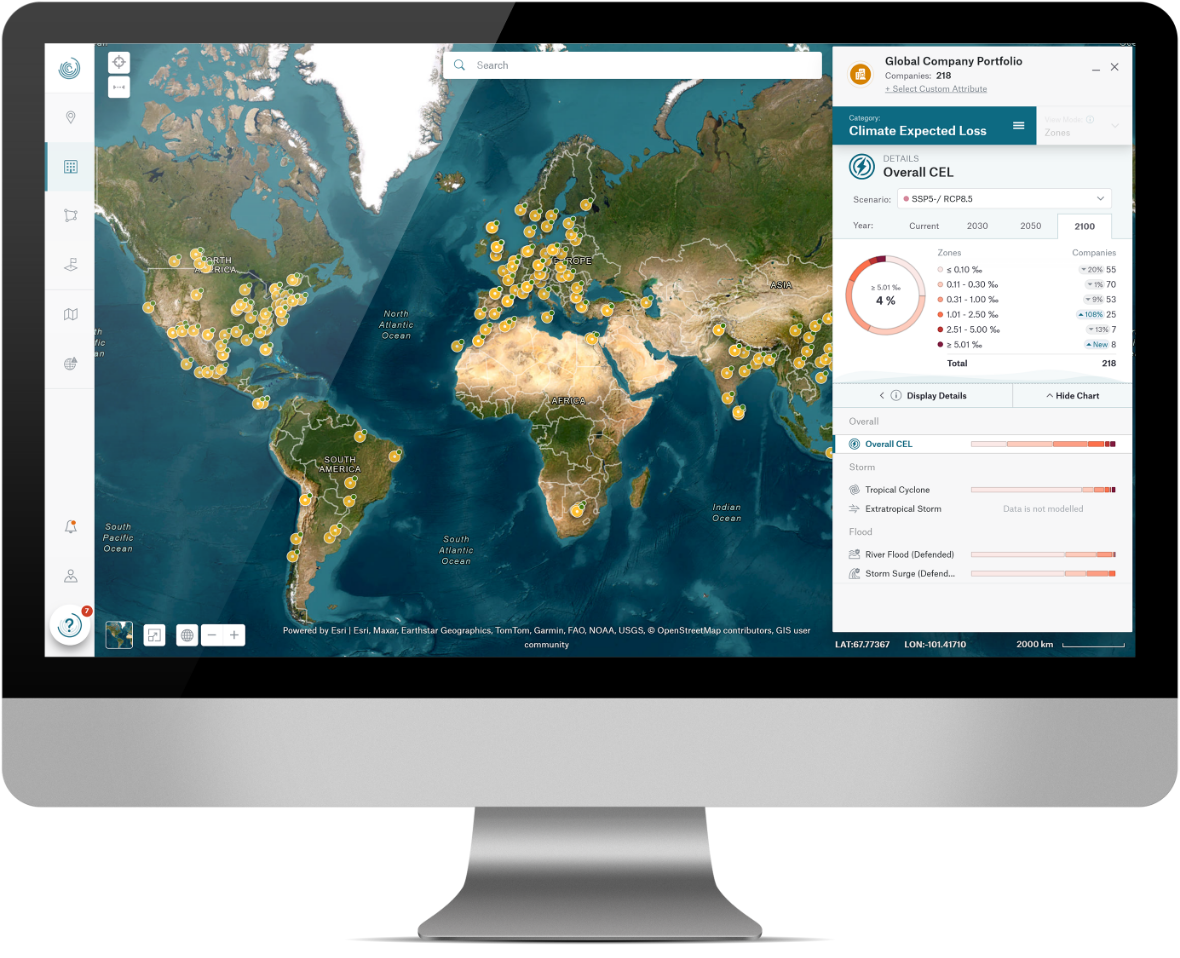 A world map displaying climate risk data with highlighted zones and a sidebar showing detailed statistics.