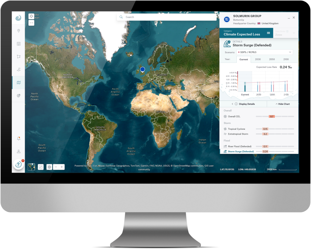 A world map on a computer screen showing climate data and expected loss rates for storm surges.