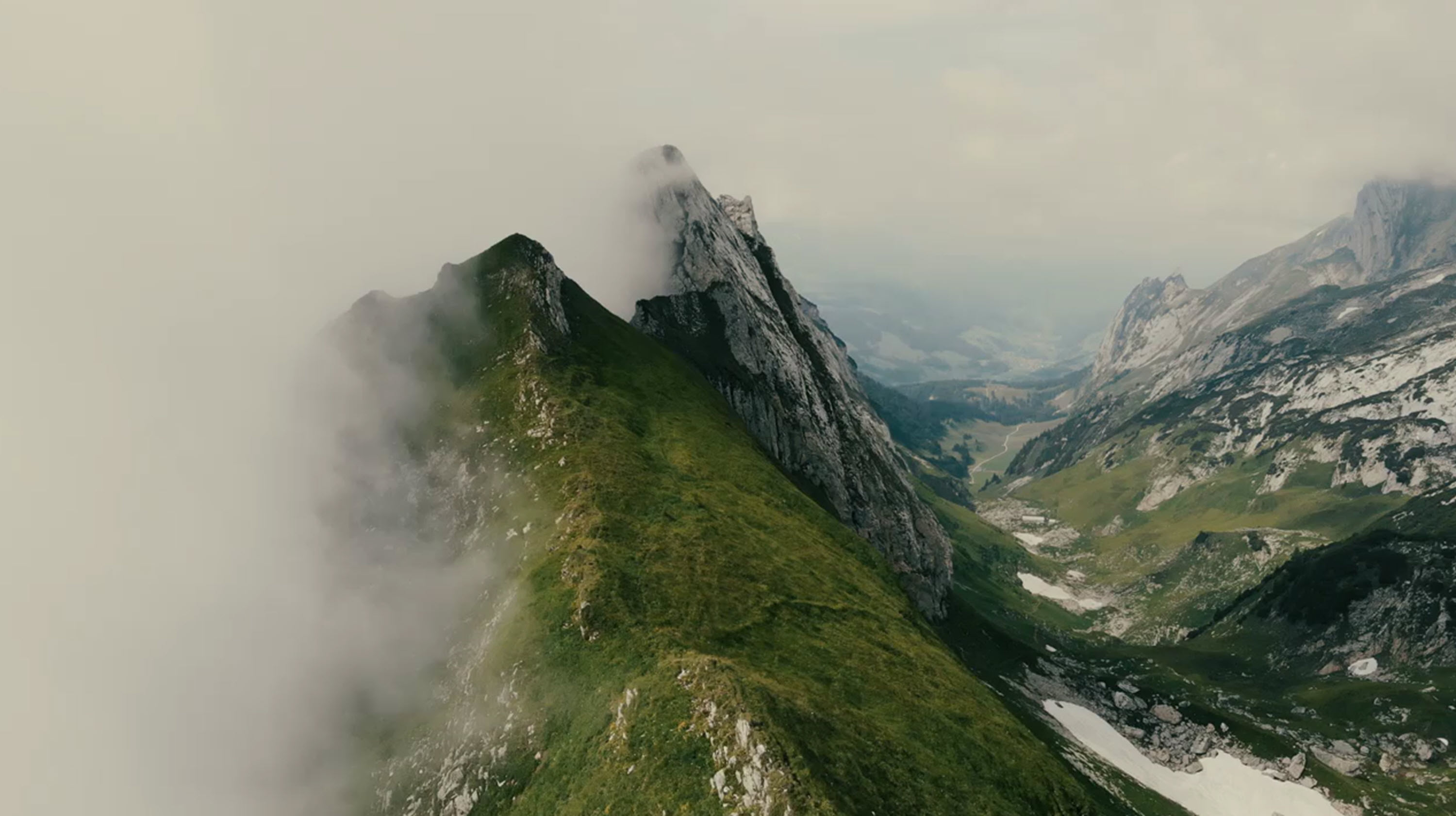 Aerial view of mountains in fog