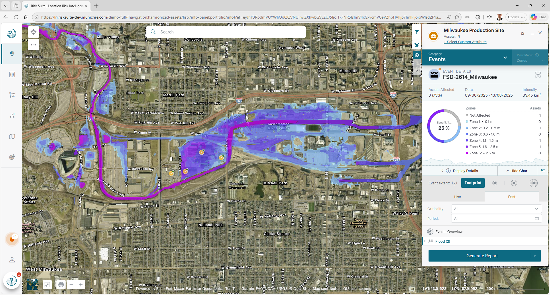Map of Milwaukee showing risk zones with color-coded areas and event details on the right side.