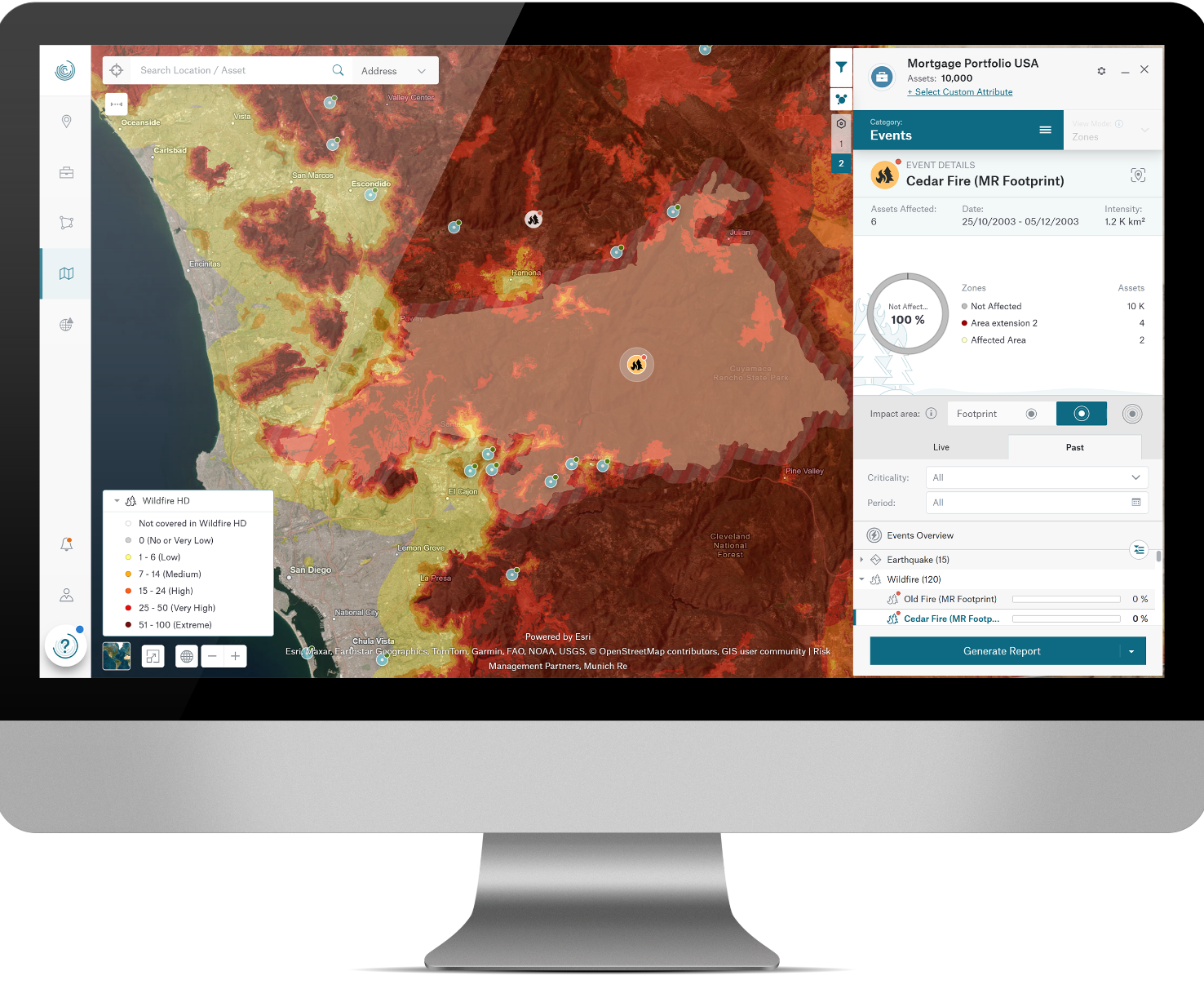 Map displaying wildfire risk levels in Southern California with event details for the Cedar Fire.