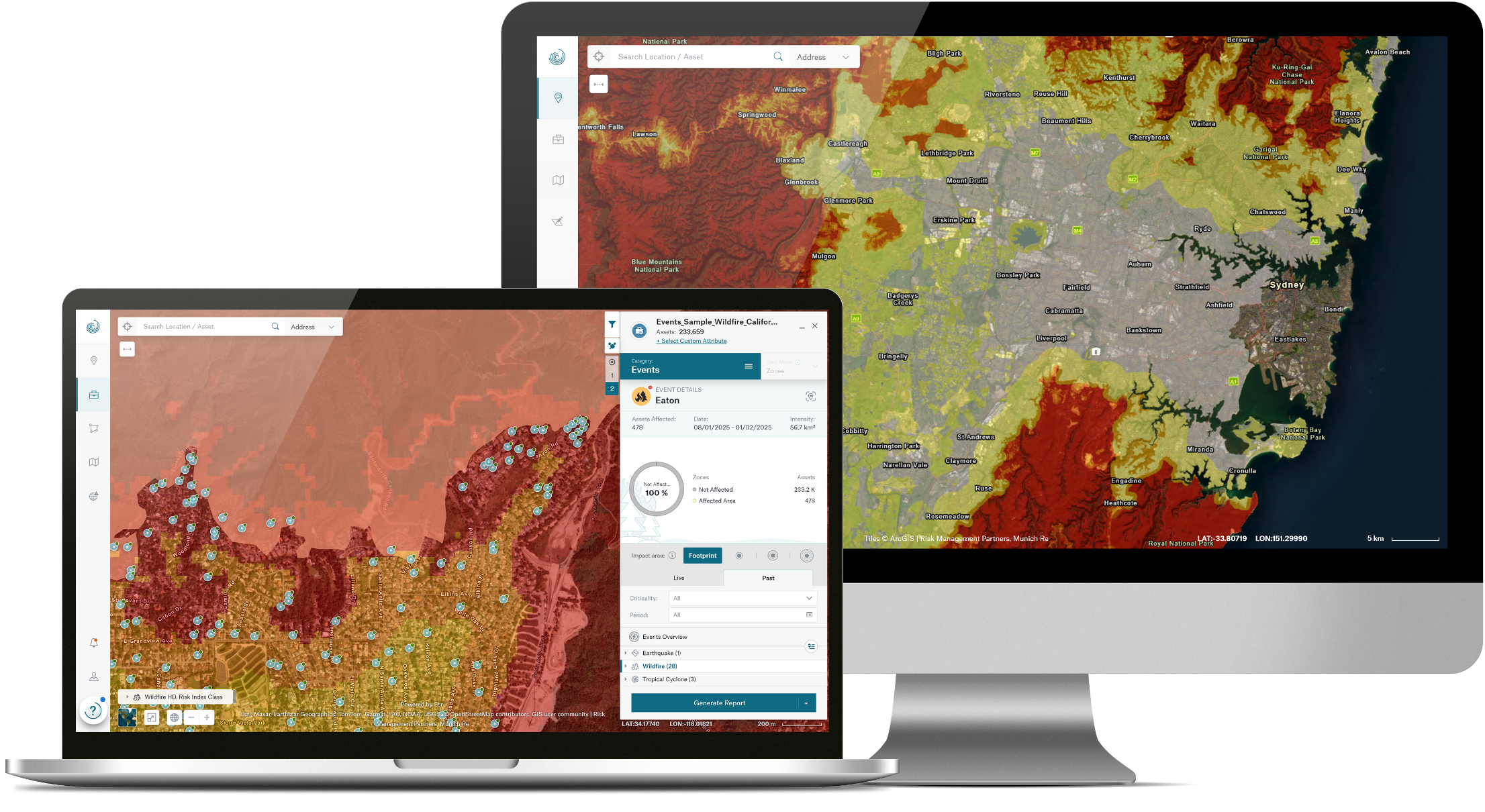 Two computer screens display maps with wildfire risk areas and event details for a specific location.