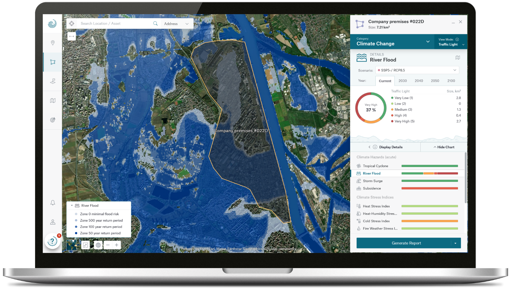 Map displaying flood risk zones with data on river flooding and climate change metrics on a laptop screen.