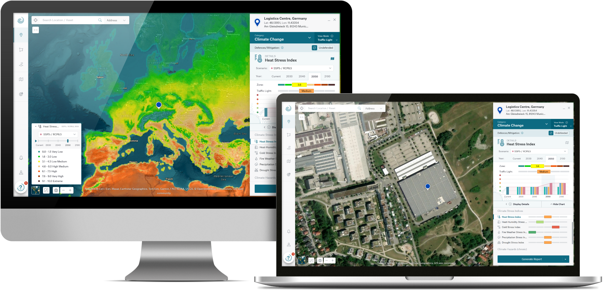 Two computer screens display climate change data and maps, including heat stress indices for Europe and a logistics center.