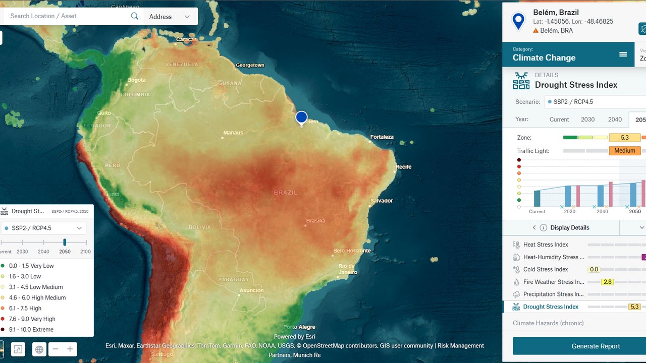 Map of South America highlighting Belém, Brazil, with drought stress index data and climate change projections.