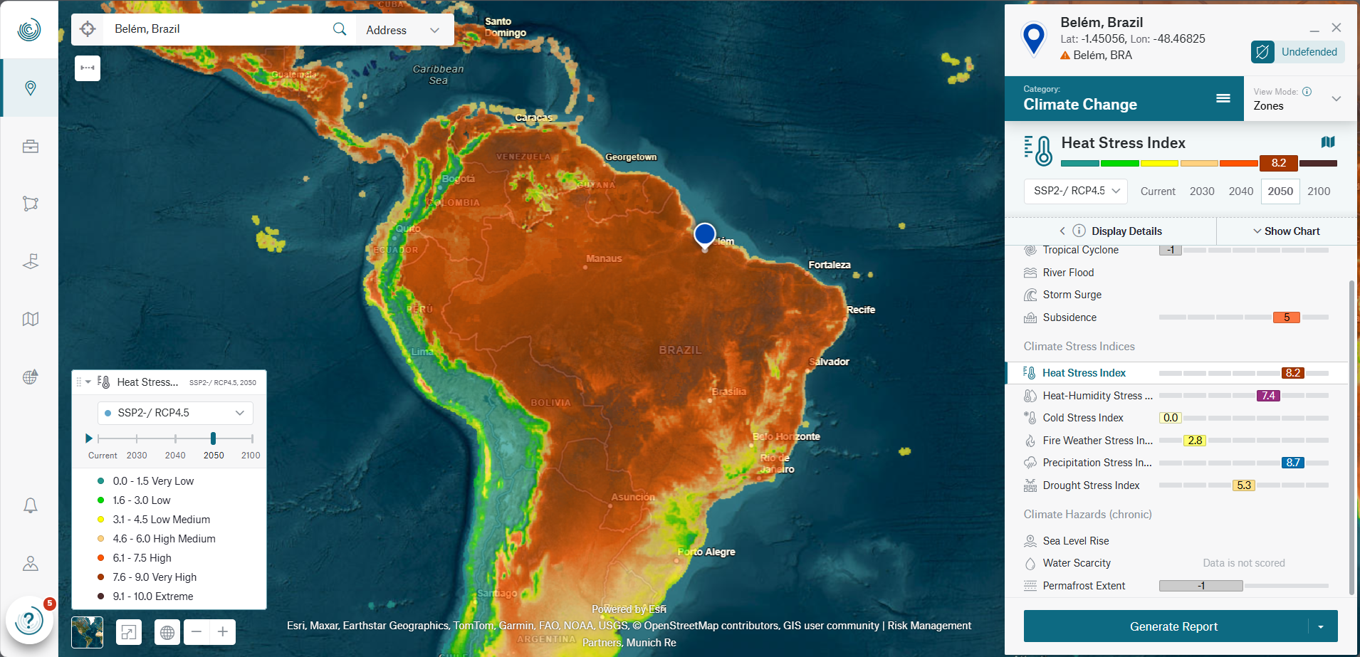Map of South America highlighting heat stress index levels, with Belém, Brazil marked in blue.