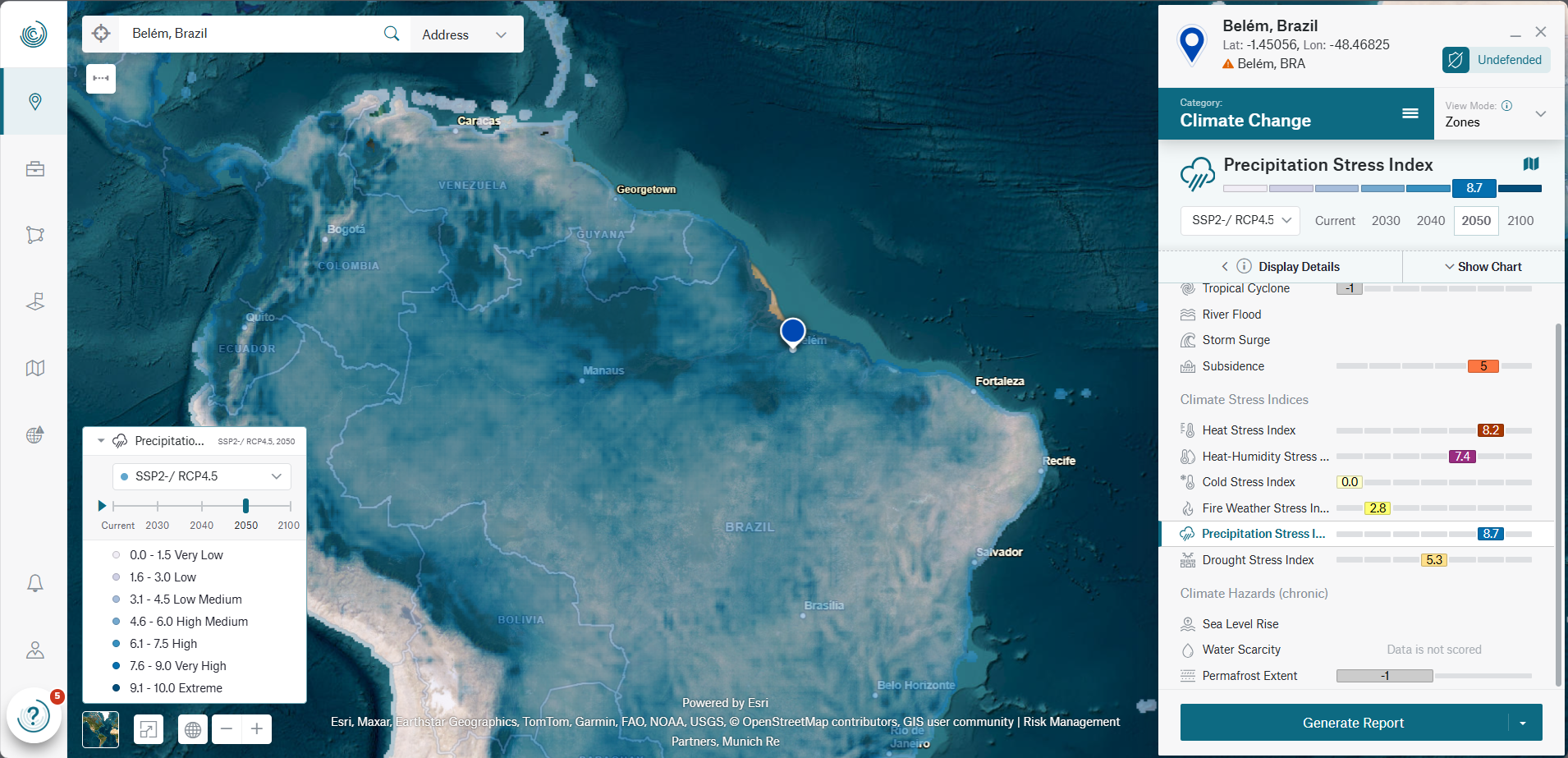 Map of Belém, Brazil, showing climate change data and precipitation stress index with geographic labels.