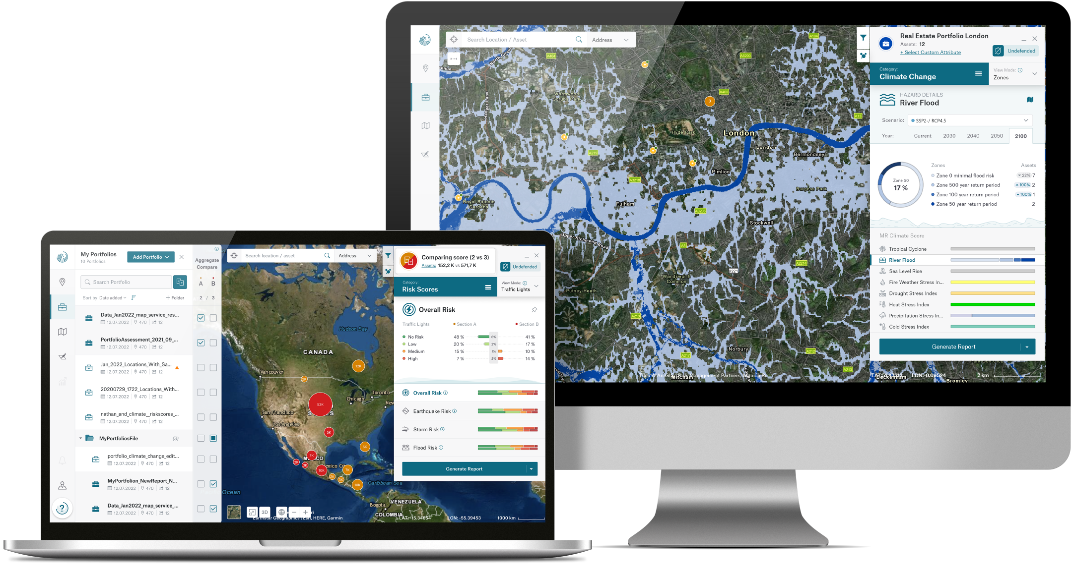 Two computer screens display interactive maps showing climate risk data and flood zones in North America and London.