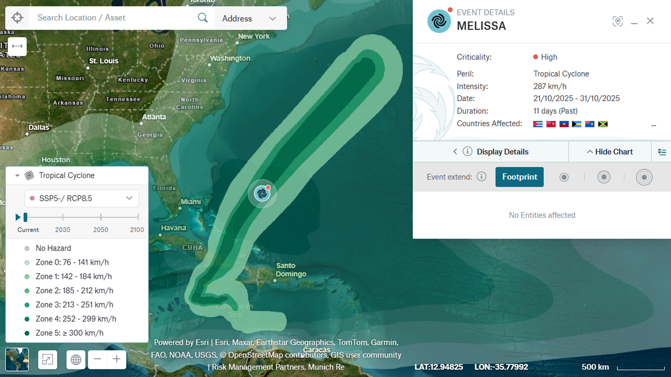 Hurricane Melissa, as seen in Location Risk Intelligence Events view