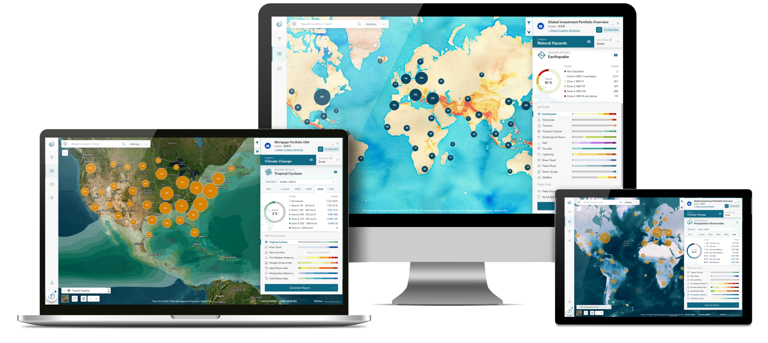 Three devices displaying interactive climate risk maps with data visualizations and hazard details.