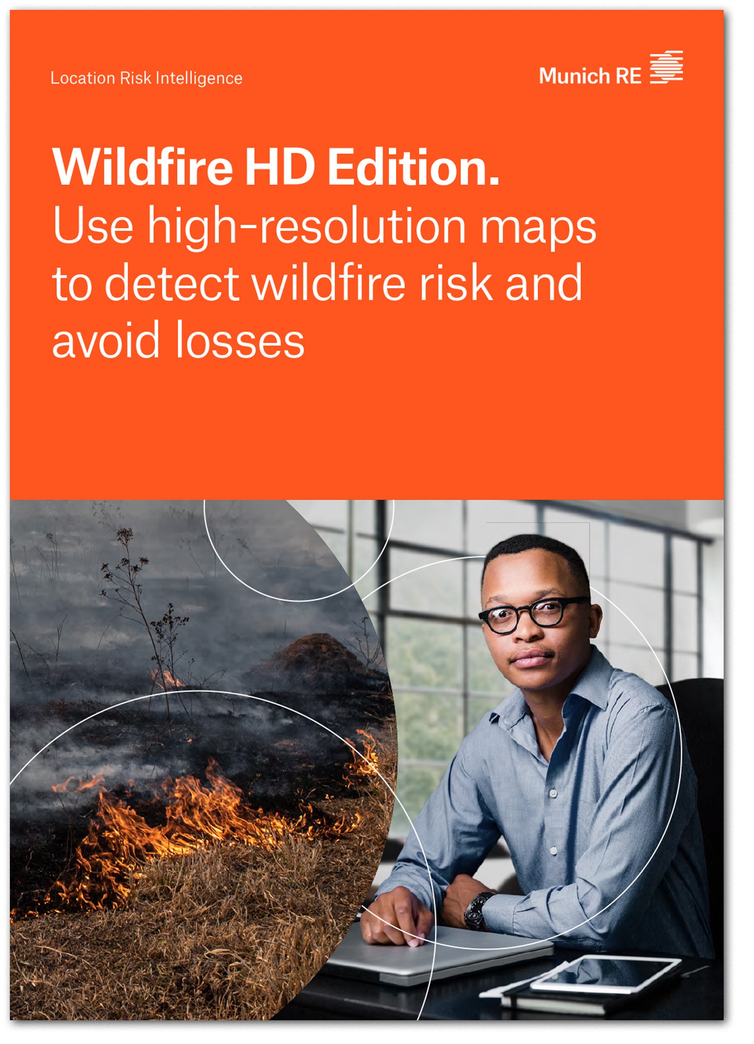 A person sits at a desk with a laptop, next to images of wildfire and a title about wildfire risk detection.